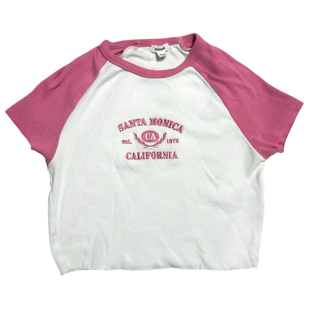 Garage Santa Monica California Raglan Ribbed Cropped Baby Tee Pink White XS Y2K